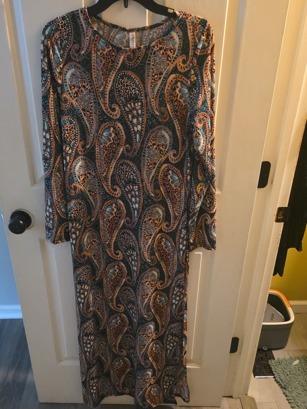 Long Sleeve Paisley Maxi Dress in Blue and Brown